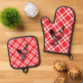 Rotes kariertes Hühnchen Ofenhandschuh & Topflappen-Set (Oben Unten)