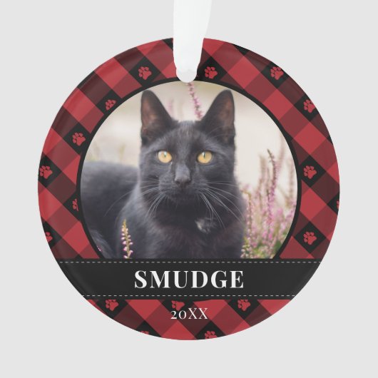 Rotes Kariertes Paw-Foto Ornament (Vorderseite)