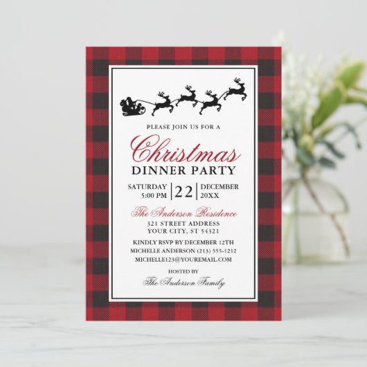 Rotes Kariertes Weihnachtsessen Party Reindeer Einladung (Stehend Vorderseite)