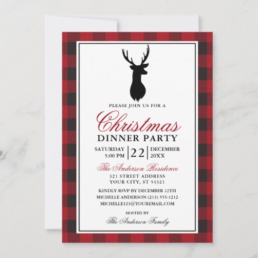Rotes Kariertes Weihnachtsessen Party Rustikal Einladung (Vorderseite)