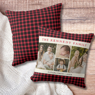Rotes Karo 4 Foto-Collage Familienname Farmhouse Kissen