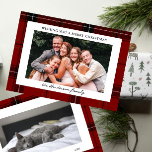 Rotes Karo-Design mit zwei horizontalen Fotos zu W Feiertagskarte