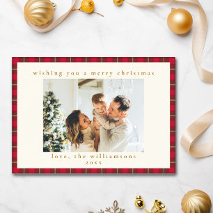 Rotes Karo Frohe Weihnachten Familienfoto Gold