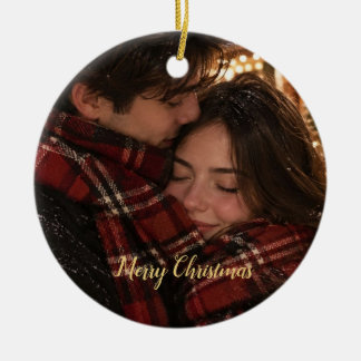 Rotes Karo-Paar-Foto-Weihnachtskarte Keramik Ornament