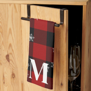 Rotes Karo & Schneeflocken Monogramm Anfangsbuchst Geschirrtuch