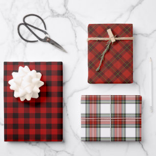Rotes Karo-Trio Geschenkpapier Set