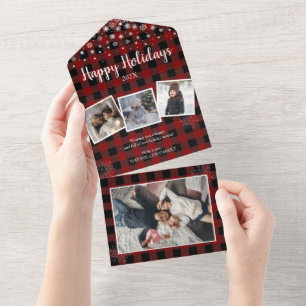 Rotes Karo-Weihnachtsmotiv mit 4 Fotos auf einer K All In One Einladung