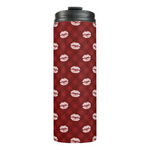 ROTES KAROMUSTER MIT ROSA VALENTINS-LIEBES-LIPPEN THERMOSBECHER