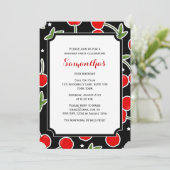 Rotes Kirsch-und Stern-Retro gestempelschnittenes Einladung (Stehend Vorderseite)