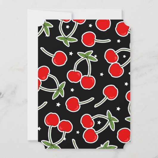 Rotes Kirsch-und Stern-Retro gestempelschnittenes Einladung (Rückseite)
