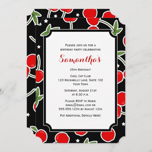 Rotes Kirsch-und Stern-Retro gestempelschnittenes Einladung (Vorne/Hinten)