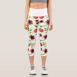 Rotes Kirschblütenmuster Capri Leggings