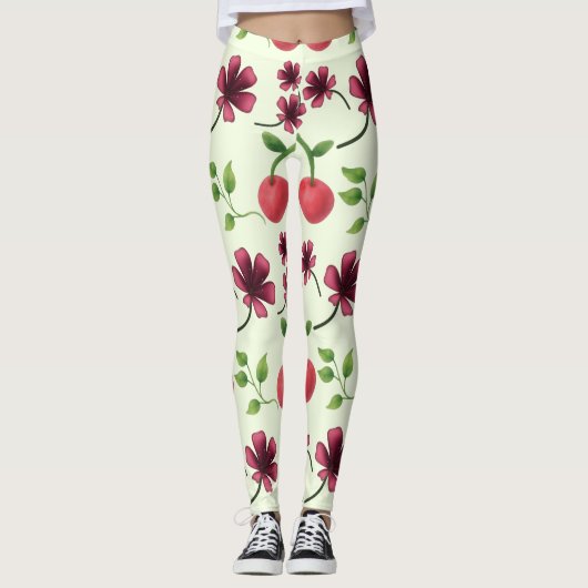Rotes Kirschblütenmuster Leggings (Vorderseite)