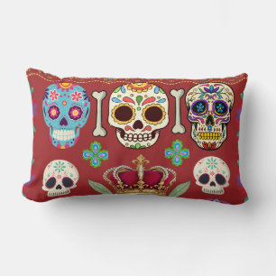 Rotes Kissen - Gothic - Totenkopf und Knochen