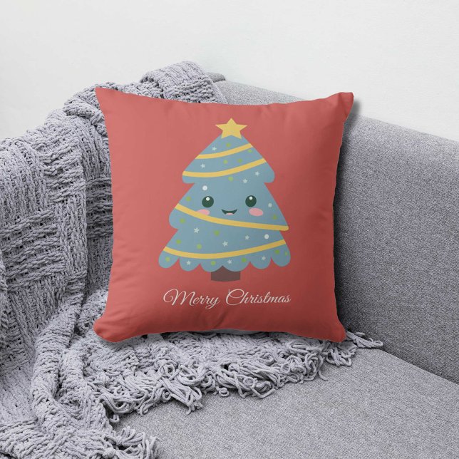 Rotes Kissen mit einem Niedlichen Weihnachtsbaum (Red Pillow with a Cute Christmas Tree)