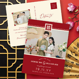 Rotes klassisches quadratisches Doppelglück-Chines Ankündigungspostkarte