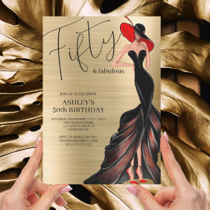 Rotes Kleid 50 und fantastische goldene Geburtstag Einladung