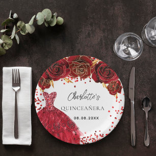 Rotes Kleid aus Quinceanera Blume weiß Pappteller