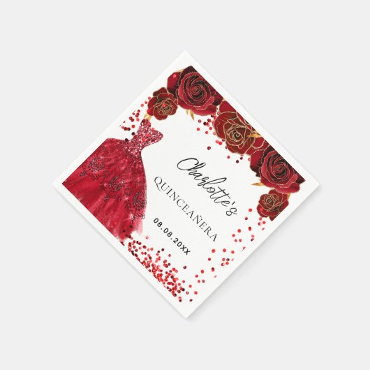 Rotes Kleid aus Quinceanera Blume weiß Serviette (Ecke)