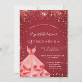 Rotes Kleid aus Quinceanera Glitzer Einladung (Vorderseite)