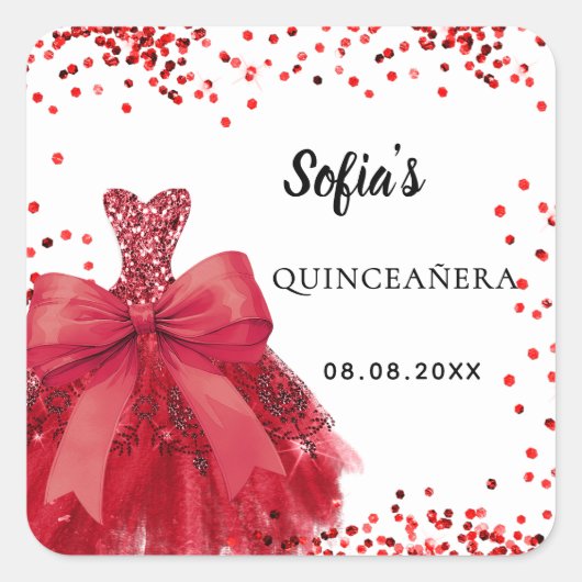 Rotes Kleid aus Quinceanera, weiß Quadratischer Aufkleber (Vorderseite)