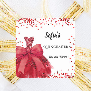 Rotes Kleid aus Quinceanera, weiß Quadratischer Aufkleber