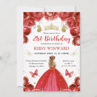 Rotes Kleid Blonde haarige Prinzessin Geburtstag Einladung