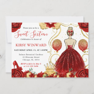 Rotes Kleid Blondhaar Prinzessin Sweet 16 Einladung