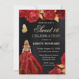 Rotes Kleid Blondine Blumen Sweet 16 Einladung