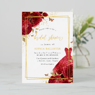 Rotes Kleid & Blumen Goldfolie Junggesellinnenabsc Folieneinladung