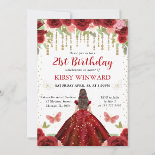 Rotes Kleid Braunhaarige Prinzessin 21. Geburtstag Einladung