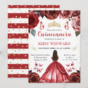 Rotes Kleid Braunhaarige Prinzessin Quinceanera Einladung