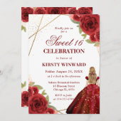 Rotes Kleid Brünette Blume Frauen Süß 16 Einladung (Vorne/Hinten)