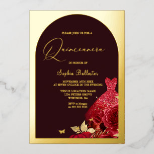 Rotes Kleid Burgund & Gold Floral Quinceanera Gold Folieneinladung