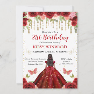 Rotes Kleid Dark Skin Prinzessin 21. Geburtstag Einladung