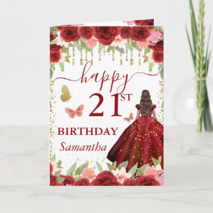 Rotes Kleid Dunkle Haut Prinzessin Geburtstag Karte