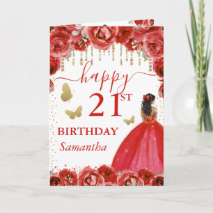 Rotes Kleid Dunkle Haut Prinzessin Geburtstag Karte