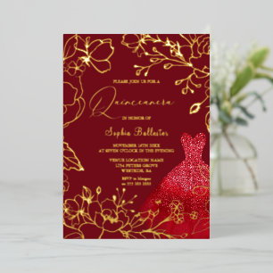 Rotes Kleid Goldene Blumenblätter Sweet 16 Folieneinladung