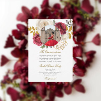 Rotes Kleid Quinceanera mit Bild auf Spanisch Einladung