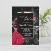 Rotes Kleid Rote Rosen Schwarz 50. Geburtstag Einladung (Stehend Vorderseite)