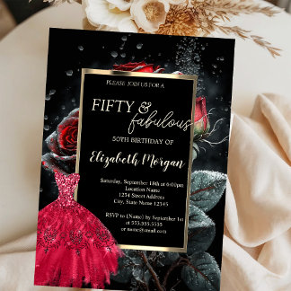 Rotes Kleid Rote Rosen Schwarz 50. Geburtstag Einladung
