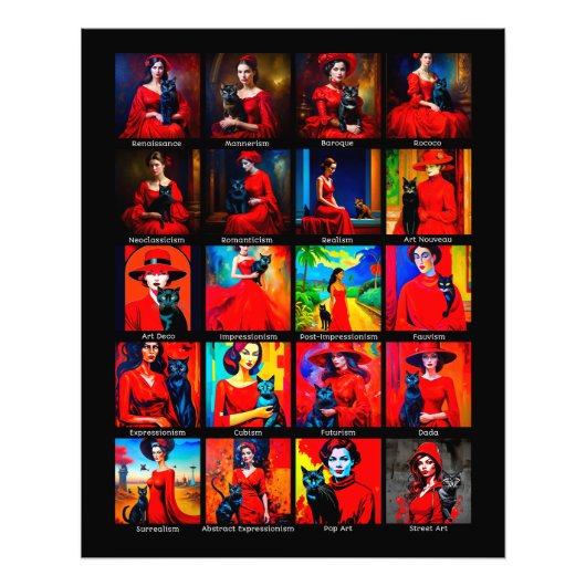 Rotes Kleid Schwarze Katze Kunstbewegungen Fotodruck (Vorne)