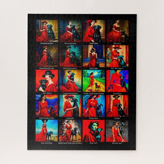 Rotes Kleid Schwarzer Hund Kunstbewegungen Puzzle (Vertikal)