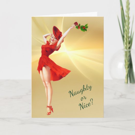 Rotes Kleid und Holly Retro Pinup Karte (Vorderseite)