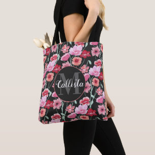 Rotes Korallenrosa Schwarze Aquarellfarben Blume M Tasche