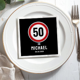 Rotes kreisförmiges Straßenschild mit CUSTOM AGE z Serviette