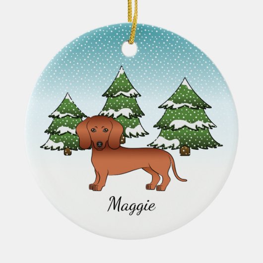 Rotes Kurzes Haar Dackel Niedlicher Hund - Winterw Keramik Ornament (Vorne)