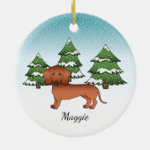 Rotes Kurzes Haar Dackel Niedlicher Hund - Winterw Keramik Ornament (Hinten)