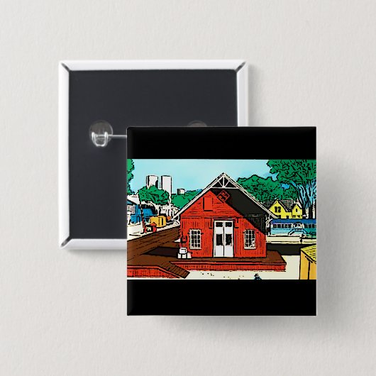 Rotes Lagerhaus auf der Eisenbahn Button (Vorne & Hinten)