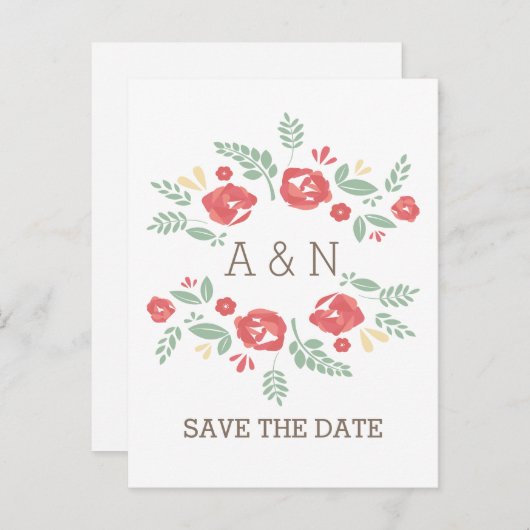 Rotes Land Floral Monogramm Save the Date Postkart Ankündigungspostkarte (Vorne/Hinten)